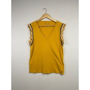 Nautica Jeans Women's Yellow V-Neck T-Shirt Crochet Trim Sleeveless Top L‎